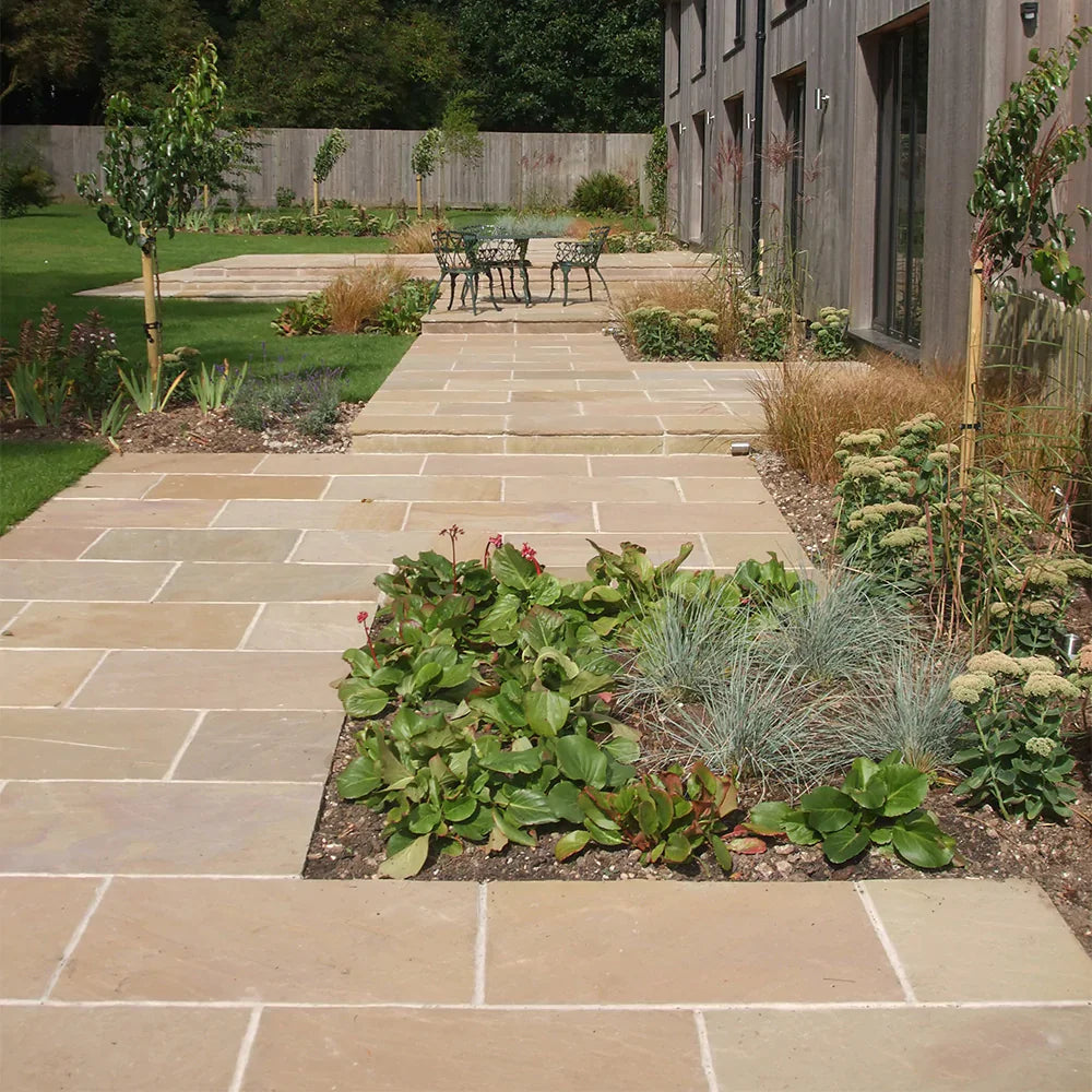 Raj Green Indian Sandstone Paving Slabs - Riven - 900x600 - 22mm - UniversalPaving